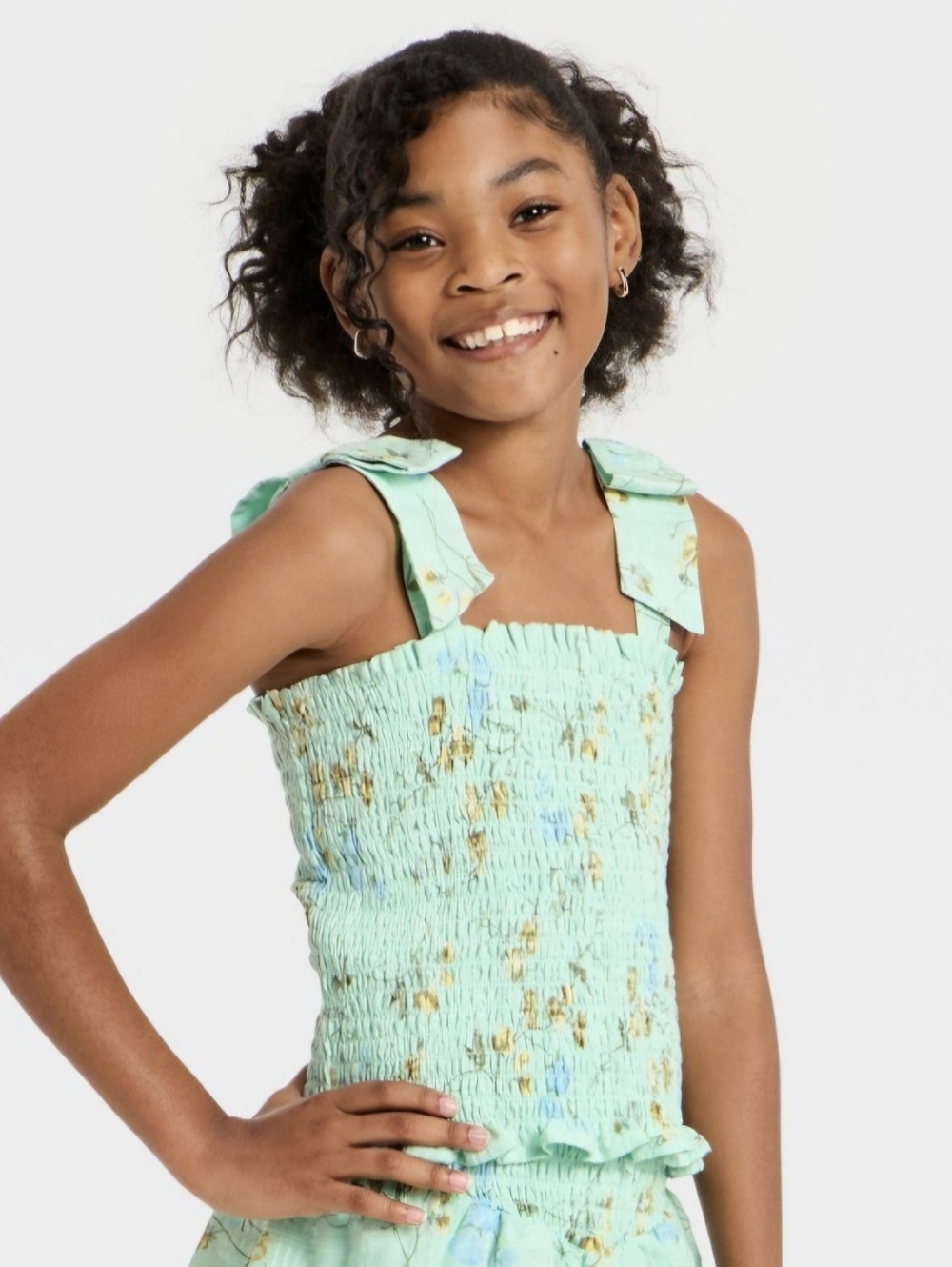 Girls' Smocked Tie Strap Floral Tank Top - art class" Light Mint Green cotton XL